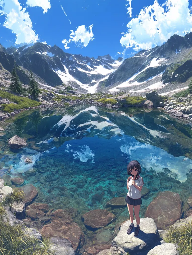 A young anime girl stands on a rock by a crystal-clear mountain lake.  The water reflects the stunning snow-capped mountains and bright blue sky above.  The scene is idyllic and peaceful, showcasing a vibrant summer day in a breathtaking alpine setting.  Rocks line the lake's edge, and sparse vegetation thrives along the shoreline. The overall aesthetic is serene and beautiful.