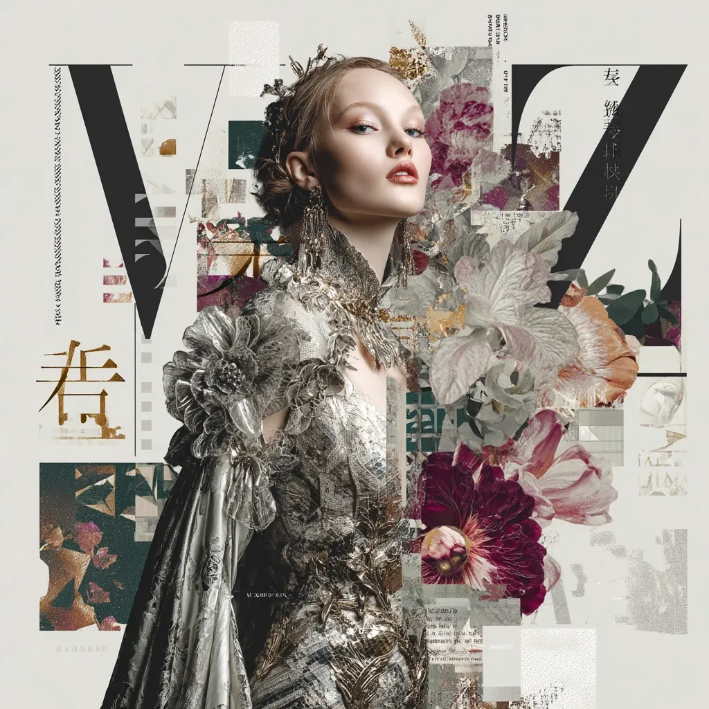 A fashion collage features a model in a silver, ornate gown adorned with floral embellishments.  The image is layered with text, both English and Asian characters, and various abstract shapes and floral patterns in muted tones. The overall aesthetic is sophisticated and artistic, combining elements of high fashion with mixed media art.  The model's pose is elegant and the overall mood is mysterious and chic.