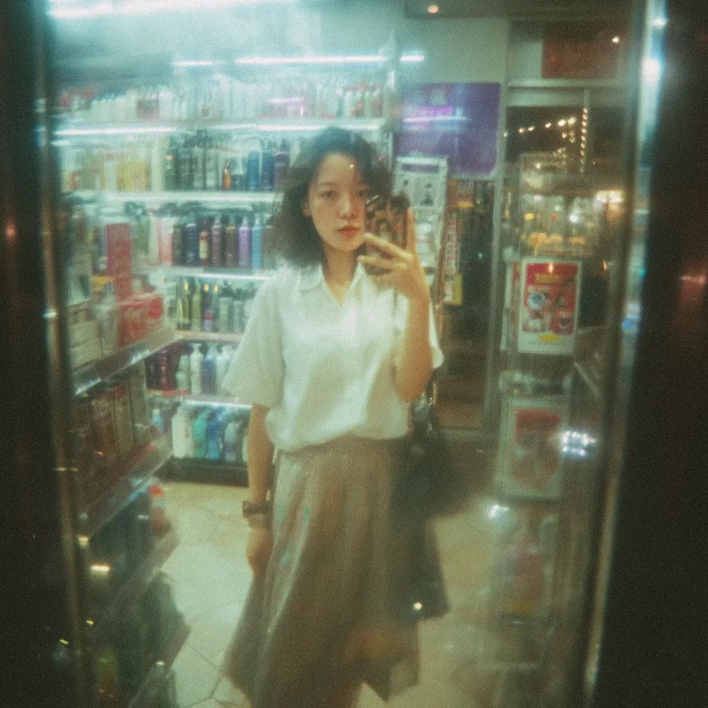 A young woman with short, dark hair takes a selfie in a brightly lit convenience store.  She's wearing a white collared shirt and a pleated beige skirt. The image has a blurry, dreamlike quality, typical of film photography, with shelves of products and other store details reflected in the glass. The overall tone is soft and nostalgic.