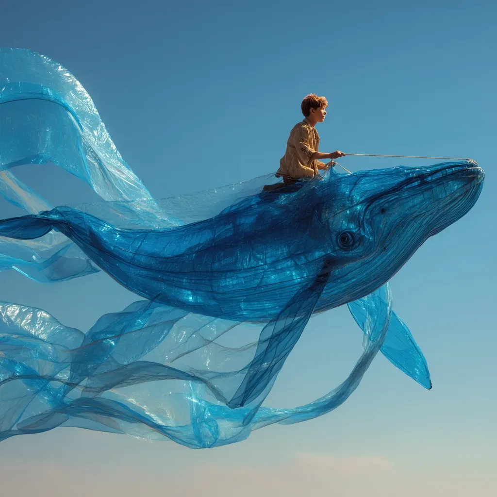 A boy sits atop a large, translucent blue whale crafted from plastic sheeting.  The whale appears to be soaring through a clear blue sky, its flowing form suggesting movement and freedom.  The scene is surreal and evokes a sense of wonder and perhaps environmental commentary given the material used to create the whale.