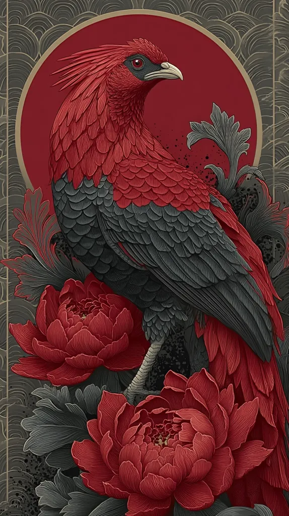 A meticulously detailed illustration showcases a vibrant red and black bird, possibly a pheasant, perched amidst two large, richly colored red peonies.  The bird is depicted with intricate feather detailing against a backdrop of a red circle and a gray, patterned background suggesting a Japanese or Asian aesthetic. The overall style is ornate and reminiscent of traditional art.