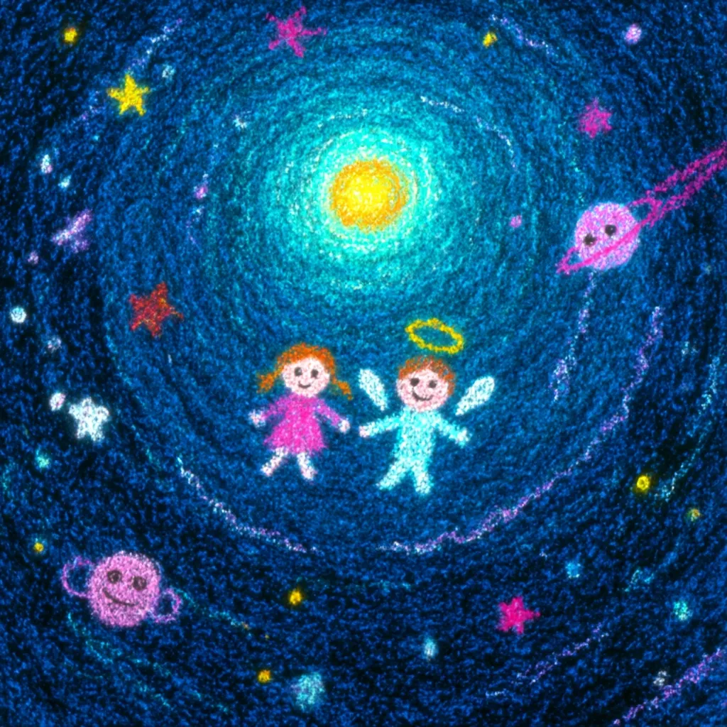 A childlike crayon drawing depicts a whimsical cosmic scene. Two figures, a girl in pink and a boy with angel wings, float amidst swirling nebulae, stars, and planets.  A bright, yellow sun-like orb illuminates the scene, adding a magical, dreamlike quality. The textured style evokes a sense of youthful imagination and wonder.