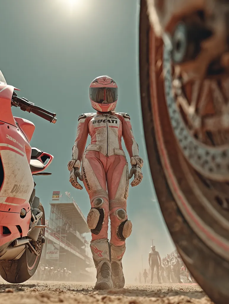 A female motorcycle racer, clad in a pink and white Ducati racing suit and helmet, stands on a dusty racetrack.  Two pink Ducati motorcycles are visible in the foreground and background.  The sun shines brightly overhead, and other racers are faintly visible in the distance, creating a dramatic and powerful image.  The focus is sharply on the central figure.