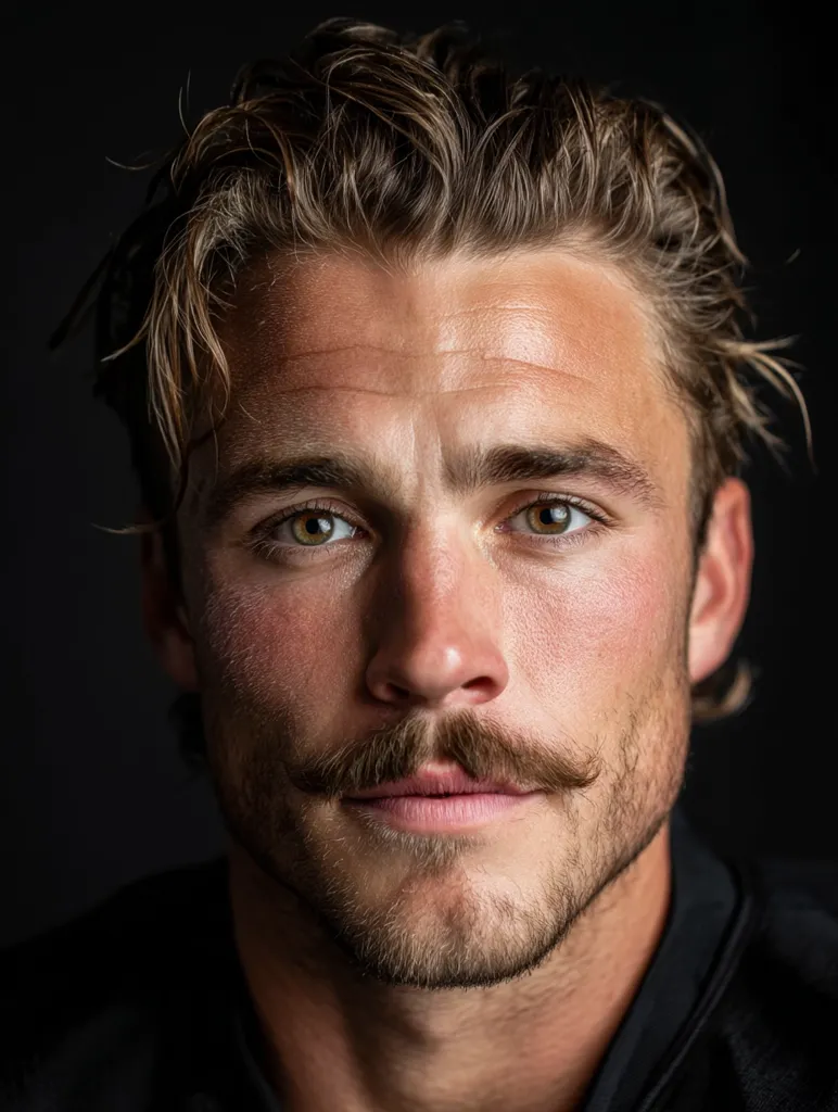 Close-up portrait of a young man with light brown, slightly tousled hair.  He has a well-groomed handlebar mustache and a short, neatly trimmed beard. His eyes are a light hazel, and his skin has a sun-kissed tone. The background is dark, drawing focus to his features.  He appears confident and has a strong, masculine look.