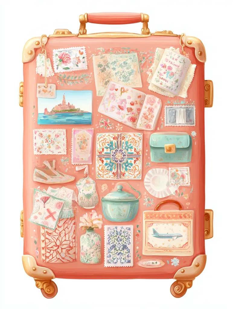 A pale pink vintage suitcase is adorned with an array of travel mementos.  Postcards depicting landscapes and architecture, stamps, fabric scraps, small containers, and a miniature purse are meticulously arranged on its surface.  Flowers in a vase and other delicate trinkets add to the charming, whimsical aesthetic. The suitcase evokes a sense of cherished memories and past adventures.