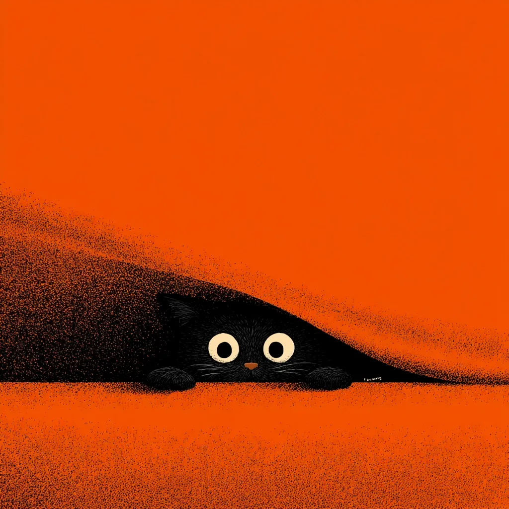 A playful black cat with large, round eyes peeks out from under an orange blanket or fabric.  The image is stylized with a textured, slightly grainy appearance.  The vibrant orange background contrasts sharply with the dark cat, creating a visually appealing and slightly spooky effect, reminiscent of Halloween.