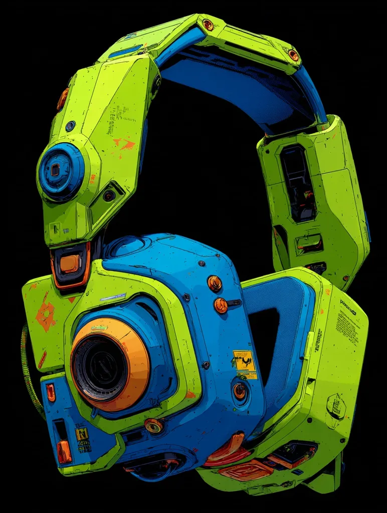 A vibrant, futuristic headset dominates the image, its design a blend of lime green and electric blue.  The headset boasts a complex, angular structure with visible mechanical details, suggesting intricate internal workings.  Orange accents highlight various components, while small stickers and text add to its gritty, used aesthetic. The overall style is reminiscent of cyberpunk or retro-futuristic art.
