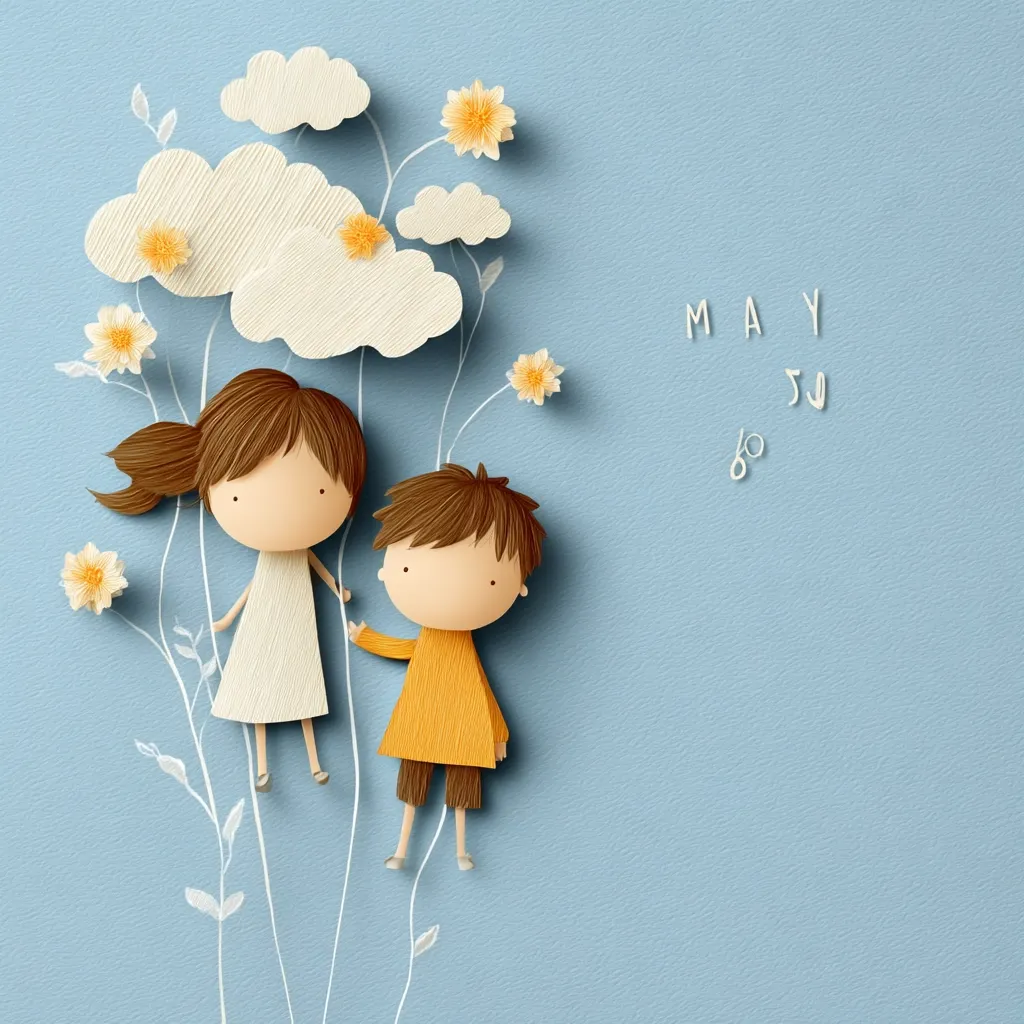 A charming illustration depicts a girl and boy, crafted from paper, holding hands beneath fluffy clouds and yellow flowers.  The whimsical scene, set against a pale blue backdrop, features stylized plants and the date "MAY 5J". The overall aesthetic is sweet and childlike, suggesting a celebration or special occasion in May.