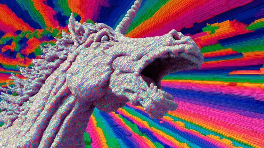A vibrant, abstract rendering of a unicorn's head. The unicorn is depicted in a textured, pastel style, with its mouth open in a roar.  The background is a dynamic explosion of multicolored, radiating lines, creating a psychedelic and surreal effect. The overall image is striking and visually intense.