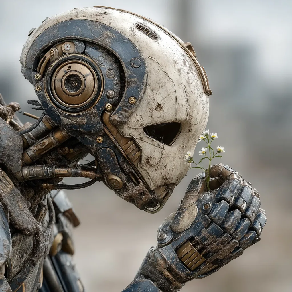 A weathered, intricately designed robot, with a damaged, off-white and blue helmet, gently holds a small cluster of white flowers.  The robot's metallic body shows signs of wear and dirt, suggesting a post-apocalyptic or harsh environment.  The image contrasts the cold, mechanical nature of the robot with the delicate beauty of the flowers, creating a poignant scene.