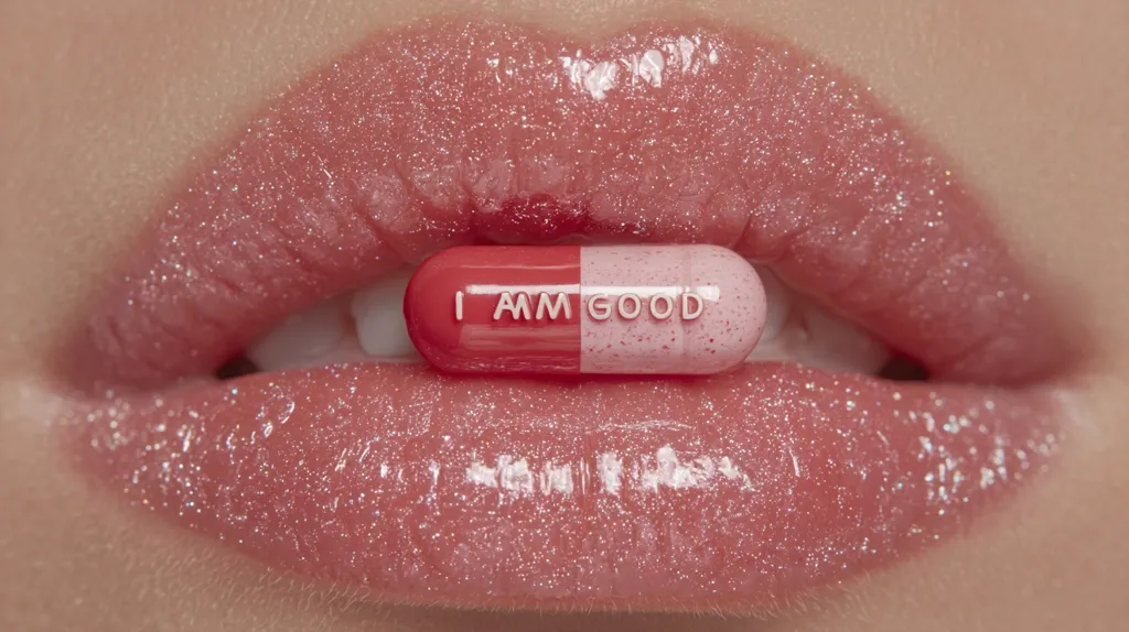Close-up of a pair of lips coated in shimmering pink lip gloss.  A large capsule pill with "I AM GOOD" printed on it is held gently between the teeth. The image has a glossy, high-fashion aesthetic, creating a striking visual contrast between the cosmetic product and the message on the pill.