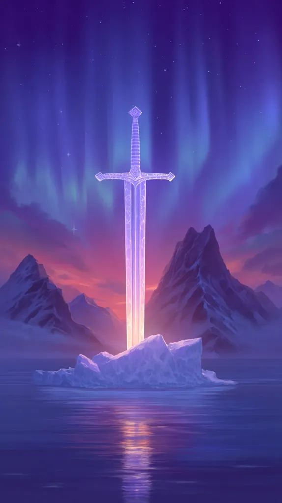 A luminous sword, embedded in an ice floe, stands tall against a backdrop of majestic snow-capped mountains.  A vibrant aurora borealis paints the twilight sky in shades of purple and pink. The scene evokes a sense of magic and wonder, a mythical place of power and serenity. The calm water reflects the ethereal glow of the sword and the celestial display.