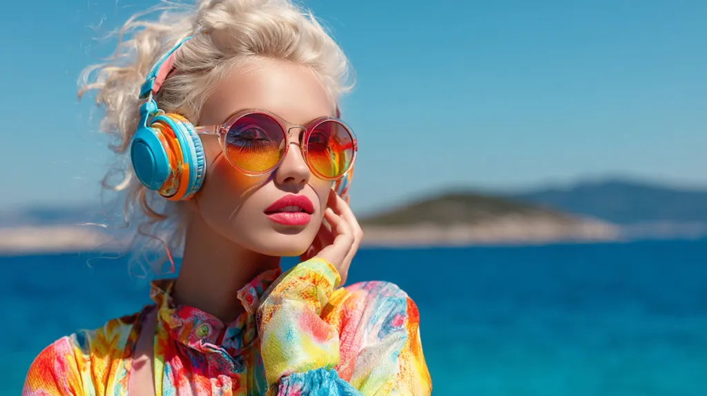A stylish blonde woman with curly hair wears vibrant, colorful headphones and sunglasses.  She's dressed in a multicolored, patterned shirt, and her pink lipstick stands out against her fair skin.  The backdrop is a blurred, idyllic seascape of calm blue water and a distant coastline under a clear blue sky, suggesting a summer vacation setting.  She appears relaxed and enjoys the moment.