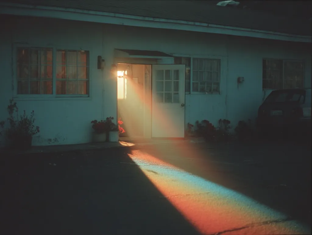 A single open door of a light-colored building casts a vibrant, rainbow-hued light beam onto the dark asphalt.  Potted plants flank the entrance.  The building's windows are dark, suggesting twilight or early morning.  A car is parked partially visible in the shadows to the right. The scene evokes a sense of quiet mystery and calm.