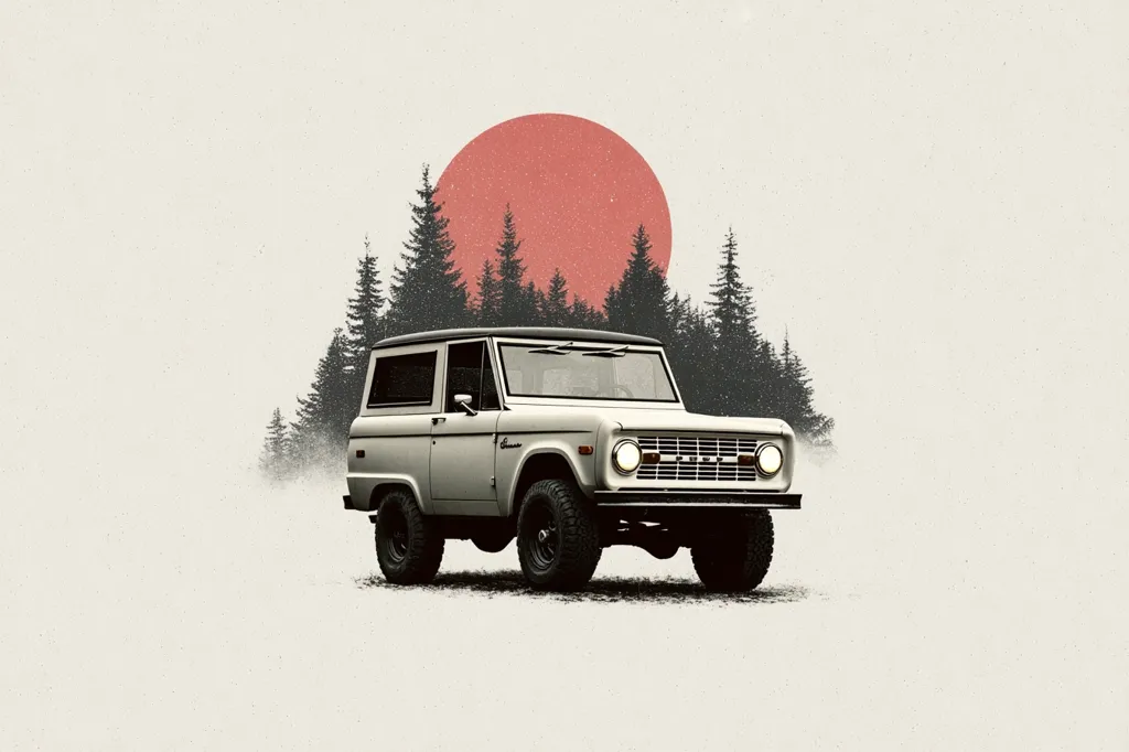 A vintage light-grey Ford Bronco sits in a snowy, forested scene.  A large, muted red sun hangs in the sky behind a line of dark evergreen trees. The Bronco, a classic off-road vehicle, is positioned prominently in the foreground, suggesting a sense of adventure and exploration in a serene, wintry landscape.  The overall style is minimalist and evocative.