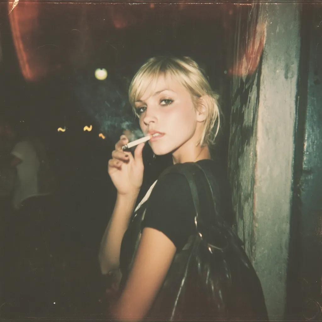 A young blonde woman with a short bob hairstyle stands in a dimly lit alleyway, smoking a cigarette.  She wears a dark t-shirt and a black shoulder bag. The image has a grainy, vintage film aesthetic with blurred lights in the background, suggesting a nighttime setting. Her expression is somewhat aloof, looking directly at the camera. The overall mood is moody and atmospheric.