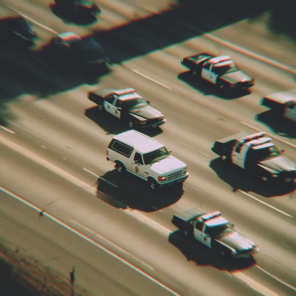 An aerial, slightly distorted view shows a freeway with several vehicles, including a white SUV and multiple police cars.  The police cars are dark-colored with visible light bars. The vehicles appear to be in motion, creating a sense of speed. The overall aesthetic is reminiscent of vintage or retro photography.  The image's color palette is muted and desaturated.