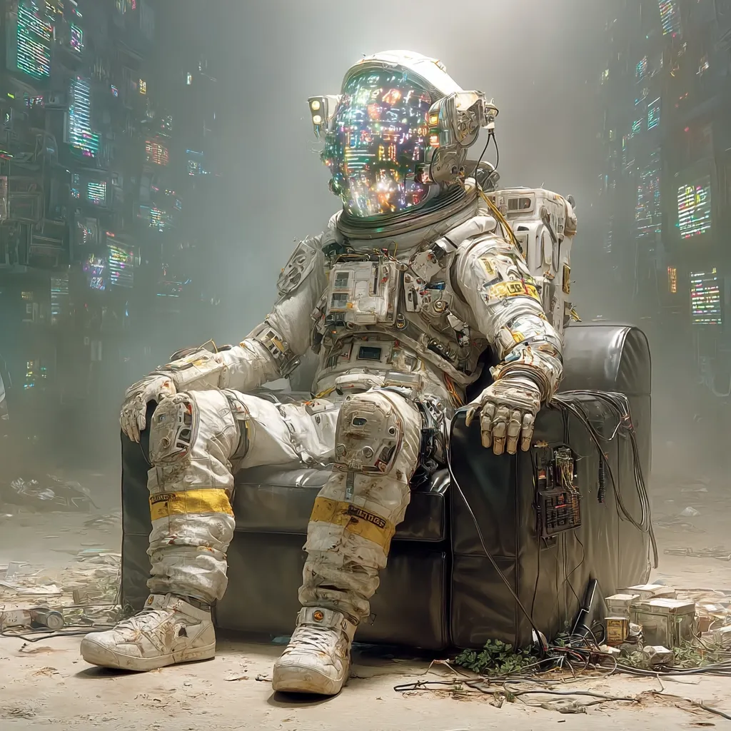 A weathered astronaut, his helmet glowing with vibrant, intricate circuitry, sits in a worn leather armchair.  The surrounding environment is a dilapidated, futuristic cityscape filled with discarded technology and screens displaying data streams. The astronaut's suit shows signs of wear and tear, suggesting a long and arduous journey.  The overall scene evokes a feeling of post-apocalyptic solitude and technological decay.