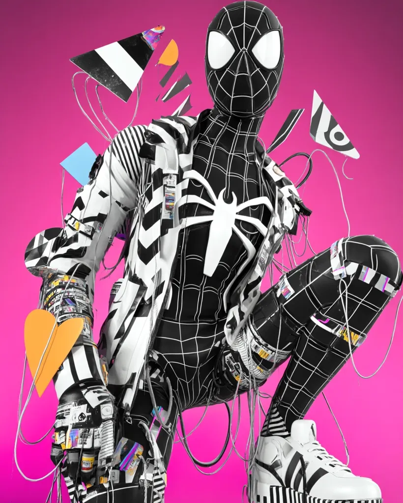 A stylized depiction of Spider-Man, clad in a black and white, grid-patterned suit.  The suit is augmented with technological elements and wires, creating a futuristic, cyberpunk aesthetic.  The background is a vibrant pink, contrasting with the suit's monochrome design. Geometric shapes and patterns further enhance the overall abstract and dynamic feel of the image. The Spider-Man figure is crouched, showcasing a dynamic pose.