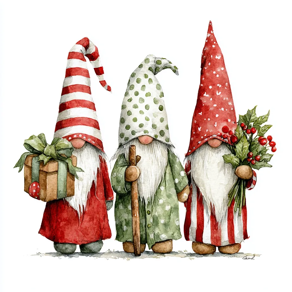Three charming Christmas gnomes stand together.  One carries a wrapped gift, another a walking stick, and the third a bouquet of holly berries.  They wear festive hats and clothing in red and green, featuring stripes and polka dots.  The watercolor artwork is a delightful holiday scene.