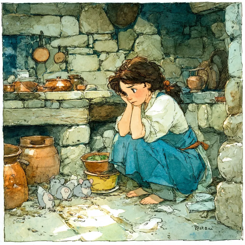 A young woman, possibly Belle from Beauty and the Beast, sits barefoot in a rustic stone kitchen, her chin resting on her hands.  She appears pensive.  Several small mice are gathered near her feet.  Earthenware pots and pans are arranged on shelves and a nearby hearth. The scene is rendered in a watercolor style, evoking a feeling of warmth and quiet contemplation.