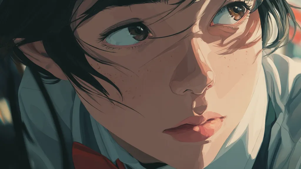 A close-up illustration depicts a young person's face, possibly female, with dark hair partially obscuring one side.  The style is anime-influenced, with a focus on soft shading and subtle details like freckles and slightly windblown hair.  The subject's gaze is directed slightly off-camera, conveying a pensive or thoughtful mood. A hint of a red bow tie is visible near the collar of a light-colored shirt. The overall atmosphere is calm and contemplative.