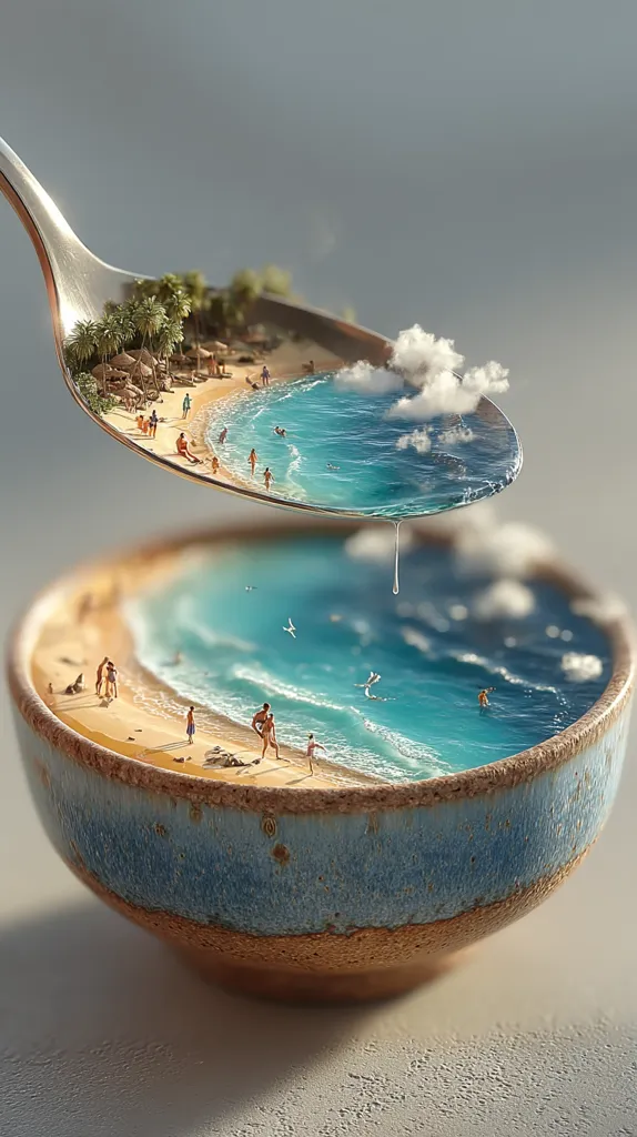 A miniature tropical beach scene, complete with palm trees, beachgoers, and turquoise water, fills a spoon.  The spoon overflows, dripping its idyllic contents into a waiting bowl, creating a surreal and captivating image. The miniature world is remarkably detailed, emphasizing the contrast between the tiny figures and the expansive ocean. The bowl's earthy tones complement the vibrant beach scene.