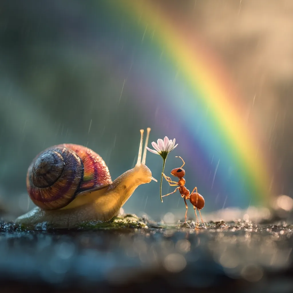 A snail and an ant share a tender moment in the rain.  The ant presents a delicate white flower to the snail against a backdrop of a vibrant rainbow. Rain droplets glisten on the surface, enhancing the magical ambiance of this miniature scene. The image evokes feelings of friendship and the beauty of nature's smallest creatures.