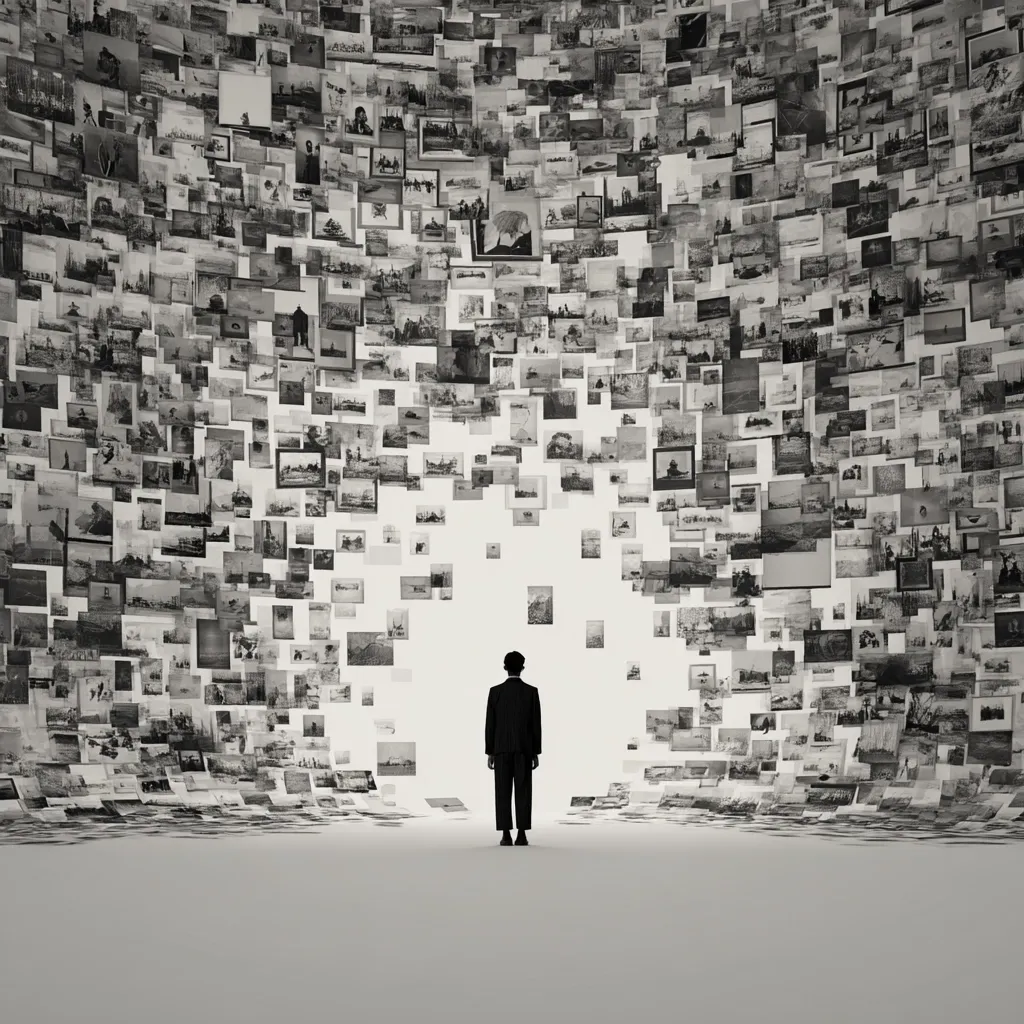 A lone figure stands before a massive, swirling vortex of countless black and white photographs.  The images, diverse in subject matter, create a visually overwhelming and immersive environment. The individual, silhouetted against the bright opening, appears small and insignificant amidst the sheer volume of visual information. The scene evokes a sense of being overwhelmed by the past or the sheer quantity of recorded history.