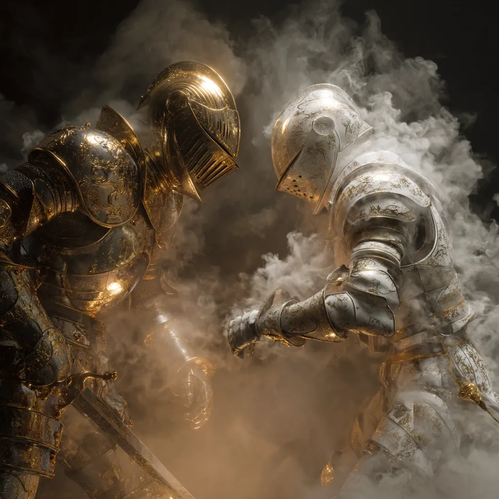 Two knights in ornate, gold and silver armor stand facing each other, shrouded in swirling smoke.  Their helms are lowered, suggesting a moment of tense anticipation before combat.  The intricate detail of the armor is highlighted by the smoky atmosphere, creating a dramatic and visually stunning image. A sword is partially visible near the golden knight.  The scene evokes a sense of medieval battle and mystery.