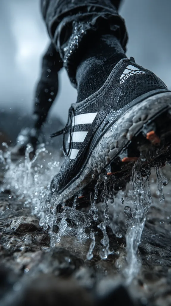 A close-up shot captures a person's foot clad in a dark Adidas trail running shoe, splashing through a stream.  Water droplets cling to the shoe's textured surface, highlighting its rugged design. The focus emphasizes the shoe's interaction with the water, creating a dynamic and energetic image. The background is blurred, drawing attention to the detail of the shoe and water.