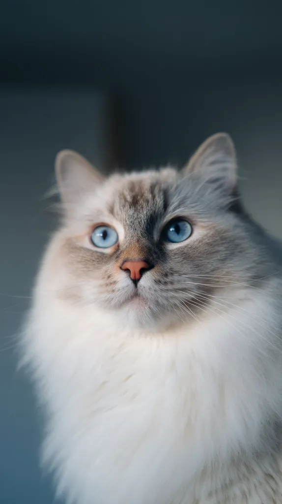 A fluffy Ragdoll cat with striking blue eyes looks up, its long, luxurious fur catching the light.  The cat's face is framed by its abundant white and light gray fur, showcasing its gentle expression. The background is blurred, drawing attention to the cat's captivating features.  The image conveys a sense of serenity and the cat's captivating beauty.