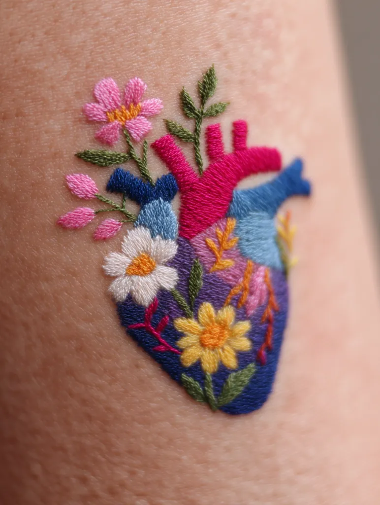 A detailed close-up showcases a vibrant embroidered heart adorned with colorful flowers.  The anatomical heart is rendered in shades of blue, purple, and pink, meticulously stitched onto skin.  Various flowers, including daisies and smaller blossoms in pink, yellow, and white, sprout from the heart, creating a beautiful and intricate design. The embroidery is remarkably realistic, with each petal and leaf carefully crafted.