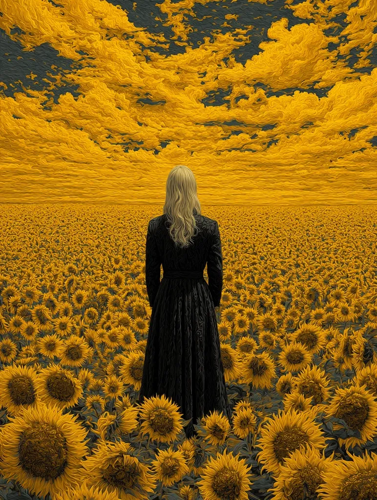 A woman in a long black dress stands with her back to the viewer in a vast field of sunflowers. The sky above is a dramatic swirl of golden and gray clouds.  The overall impression is one of solitude and immensity, the woman dwarfed by the scale of the natural world. The style is painterly, with visible brushstrokes creating texture.