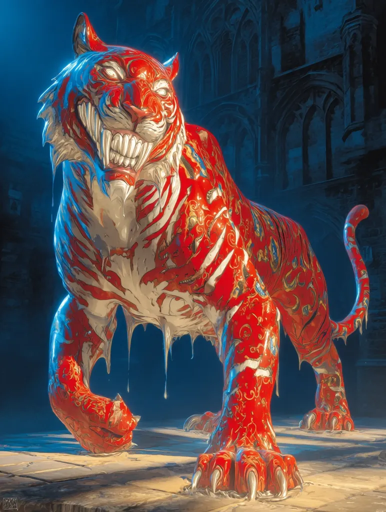 A digital painting depicts a tiger statue, seemingly made of red porcelain, with intricate detailing and a dripping, glossy finish. Its menacing grin and sharp claws contrast with the ornate patterns adorning its body. The tiger stands before a dark, gothic-style architectural backdrop, enhancing the piece's dramatic mood.  The overall effect is one of unsettling beauty and powerful presence.