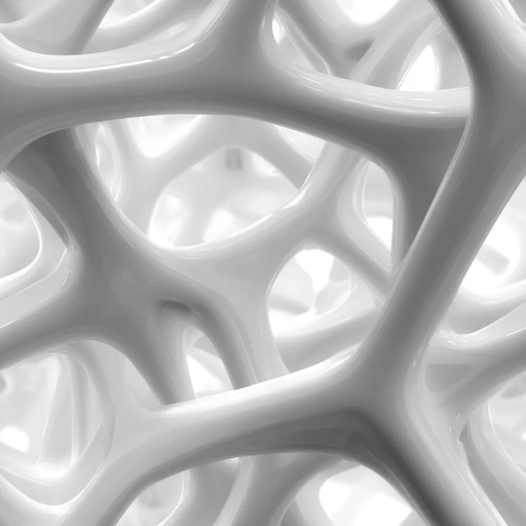 The image shows a close-up view of an abstract, three-dimensional structure.  It resembles a complex network of interconnected, smooth, off-white or light gray, organic forms. The structure is intricate and creates a sense of depth and complexity. The lighting highlights the glossy, almost fluid, appearance of the individual components.  The overall effect is both modern and organic.
