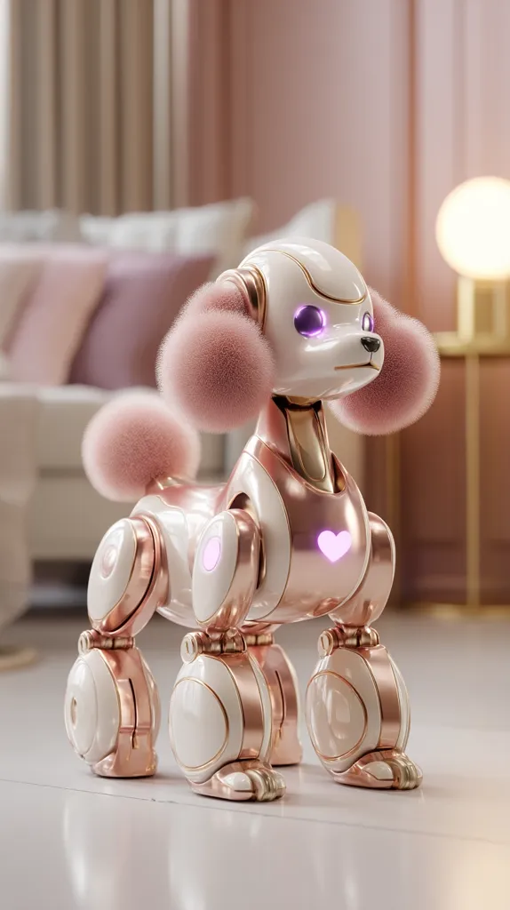 A charming robotic poodle, predominantly white with rose gold accents, stands on a polished floor.  Its fluffy pink ears and tail add a touch of realism.  The robot's eyes glow with a soft purple light, and a small, illuminated heart adorns its chest. The background features a blurred, luxurious living space with soft lighting, enhancing the robot's elegant appearance.