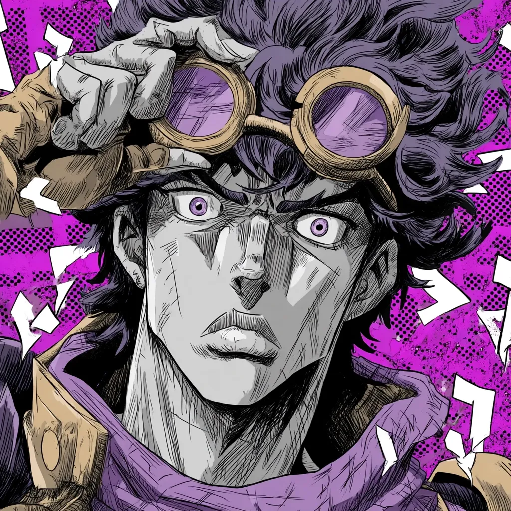 A stylized close-up portrait of a man, possibly a character from anime or manga. He has dark purple hair, intense eyes, and is wearing gold-rimmed goggles. His expression is serious and determined. The background features a vibrant purple and white pattern. The art style is graphic novel-esque with heavy line work and shading.