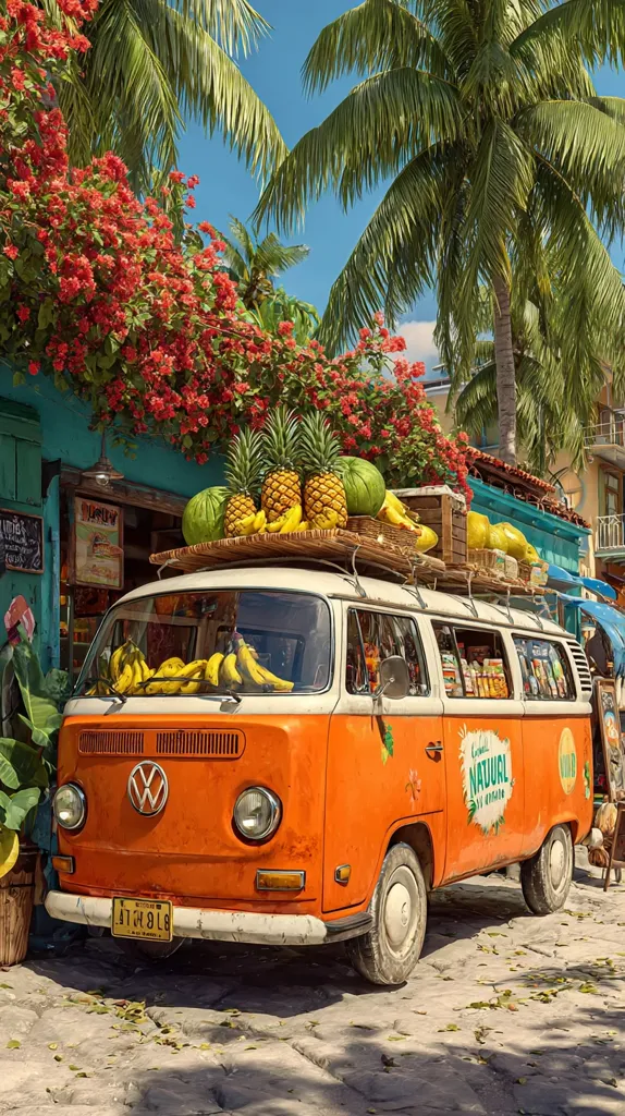 A vibrant orange VW bus, laden with tropical fruits like pineapples, bananas, and watermelons, is parked on a cobblestone street.  Lush red flowers and tall palm trees frame the scene, creating a picturesque tropical setting. The bus, decorated with a "Natural" logo, appears to be a mobile fruit stand in a sunny, idyllic location.
