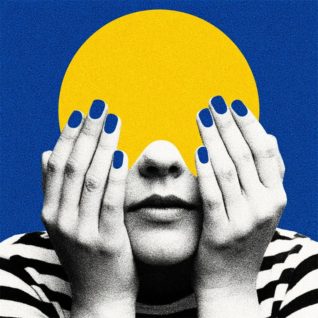 A stylized portrait features a person with hands covering their eyes, partially obscured by a large yellow circle.  The individual wears a black and white striped shirt and has blue nail polish. The bold color contrast and graphic style create a striking, almost surreal image. The overall feel is modern and artistic.
