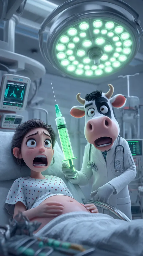 A pregnant woman lies in a hospital bed, looking terrified as a cow doctor holds a large syringe filled with glowing green liquid.  The scene is set in a sterile operating room under bright surgical lights.  The cow doctor is wearing a white coat and stethoscope, and the woman's expression suggests apprehension about the impending procedure. The overall atmosphere is one of surreal humor and slight unease.