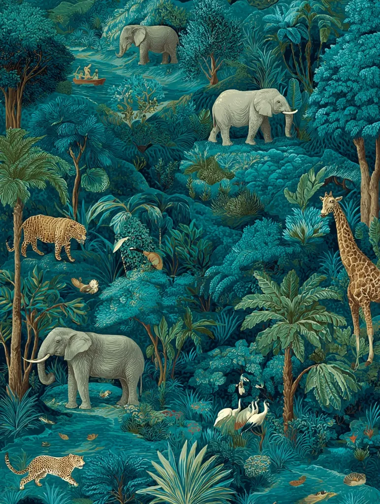 A lush teal jungle scene teems with wildlife. Elephants roam freely, their grey forms contrasting against the vibrant foliage.  A giraffe stretches its neck towards the canopy, while jaguars prowl the undergrowth. Birds and a small boat with passengers add to the idyllic, teeming jungle landscape.  The artistic style is detailed and evocative of classic natural history illustrations.