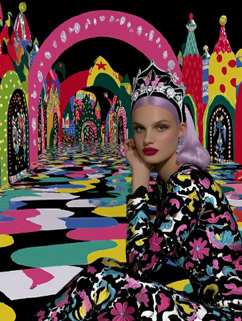 A young woman with lavender hair, wearing a jeweled crown and a vibrant floral dress, sits before a whimsical, colorful backdrop.  The background features an arched pathway leading to a fantastical cityscape of bright buildings and playful designs. The overall aesthetic is bold, surreal, and playful, creating a striking contrast between the model and the vibrant scenery.