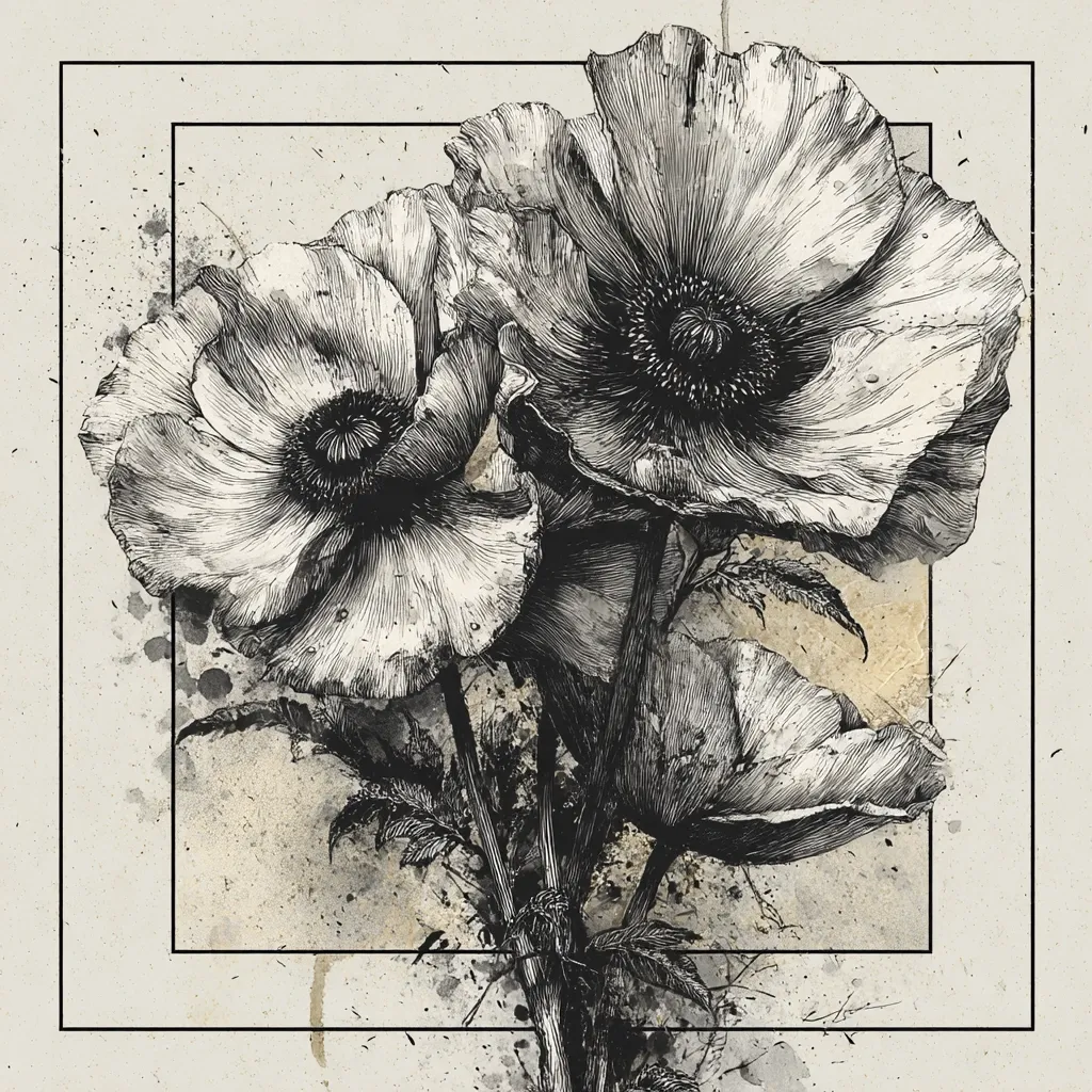 A monochromatic illustration showcases three poppies in meticulous detail.  The artwork features a stark contrast between the finely etched petals and the textured, splattered background, creating a dramatic effect.  A rectangular frame encloses the central floral composition, further emphasizing the poppies against the aged, parchment-like backdrop.  The overall style blends realism with a hint of grunge aesthetics.