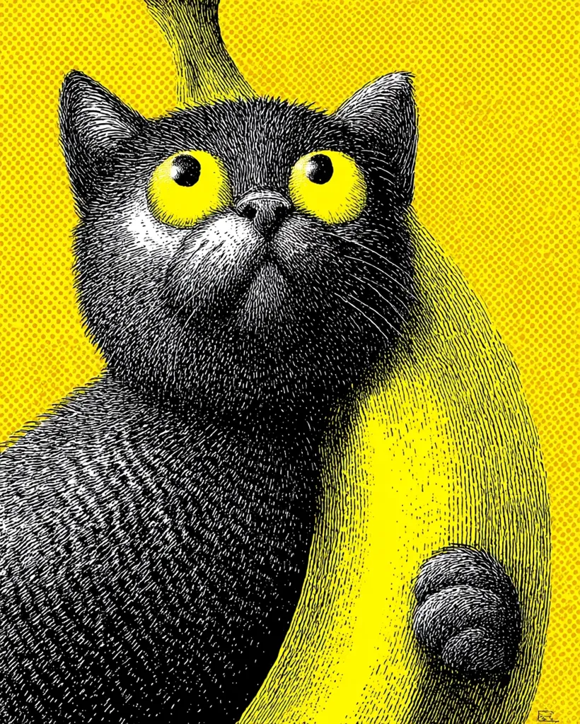 A stylized black cat with large, yellow eyes is depicted in a pop art style.  The cat is positioned behind a large, bright yellow banana, its fur detailed with fine lines. The background is a contrasting yellow dot pattern. The overall image is bold and playful, showcasing a whimsical juxtaposition of a cat and a fruit.