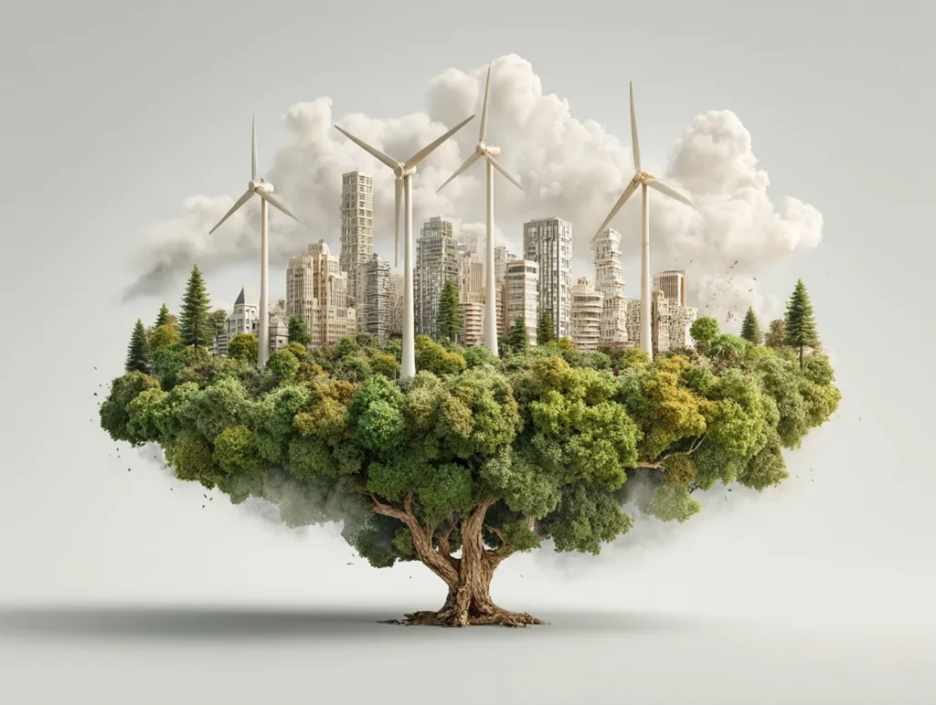 A surreal image depicts a city nestled within a lush, green treetop, symbolizing a harmonious blend of urban development and nature.  Three wind turbines stand tall, powering the cityscape which is surrounded by trees and appears to float on a cloud. This visual represents sustainable living and environmental consciousness.  The overall aesthetic is serene and hopeful, suggesting a future where nature and technology coexist.