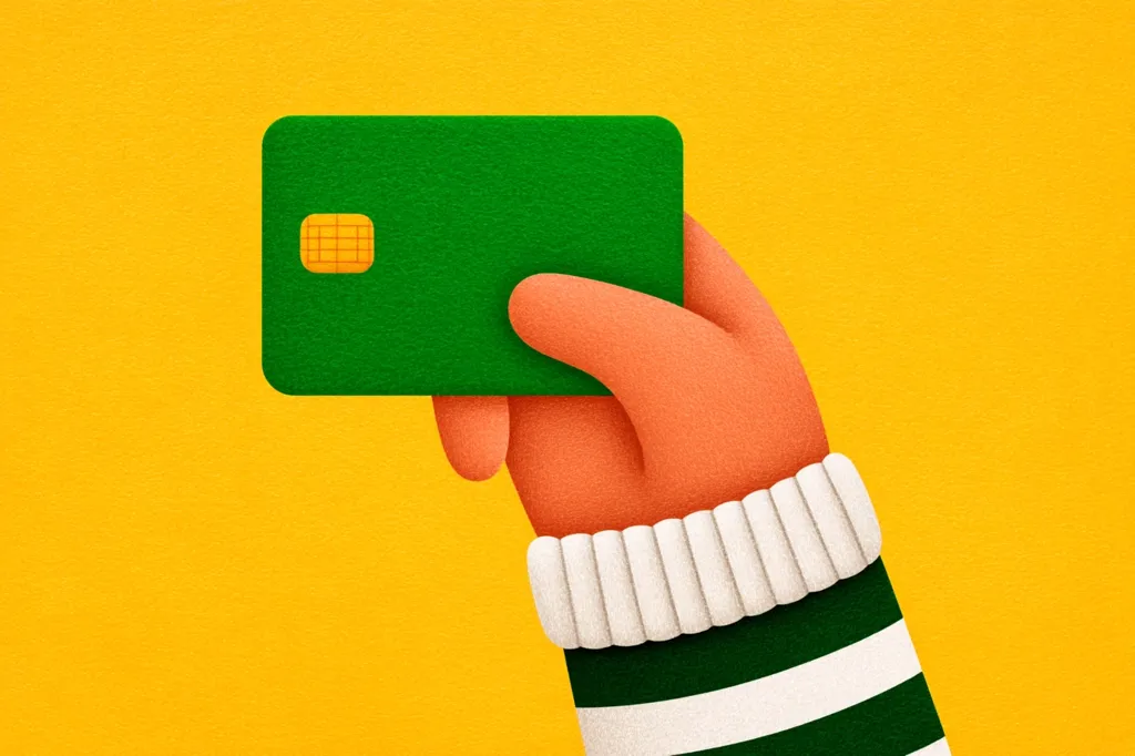 A stylized illustration shows a hand, wearing a green and white striped cuff, holding a green credit card against a vibrant yellow background. The card features a simple chip design.  The image uses a textured, slightly cartoonish style, creating a playful yet attention-grabbing visual.