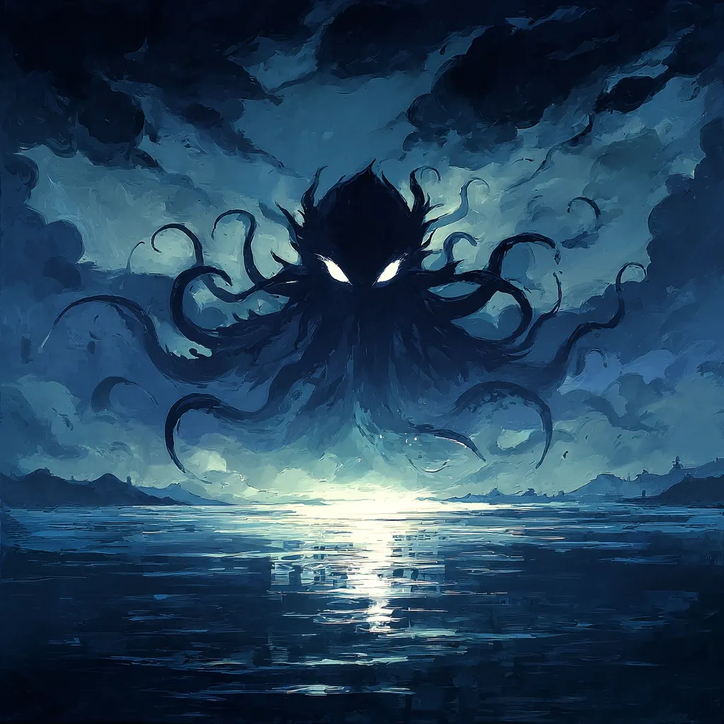 A colossal, shadowy kraken looms over a tranquil sea at sunset. Its massive tentacles extend across the stormy sky, its glowing eyes piercing the gloom.  The creature's immense size dwarfs the distant coastline and a small town, creating a dramatic and ominous scene of impending doom. The dark, painterly style enhances the mysterious and terrifying aura of the sea monster.