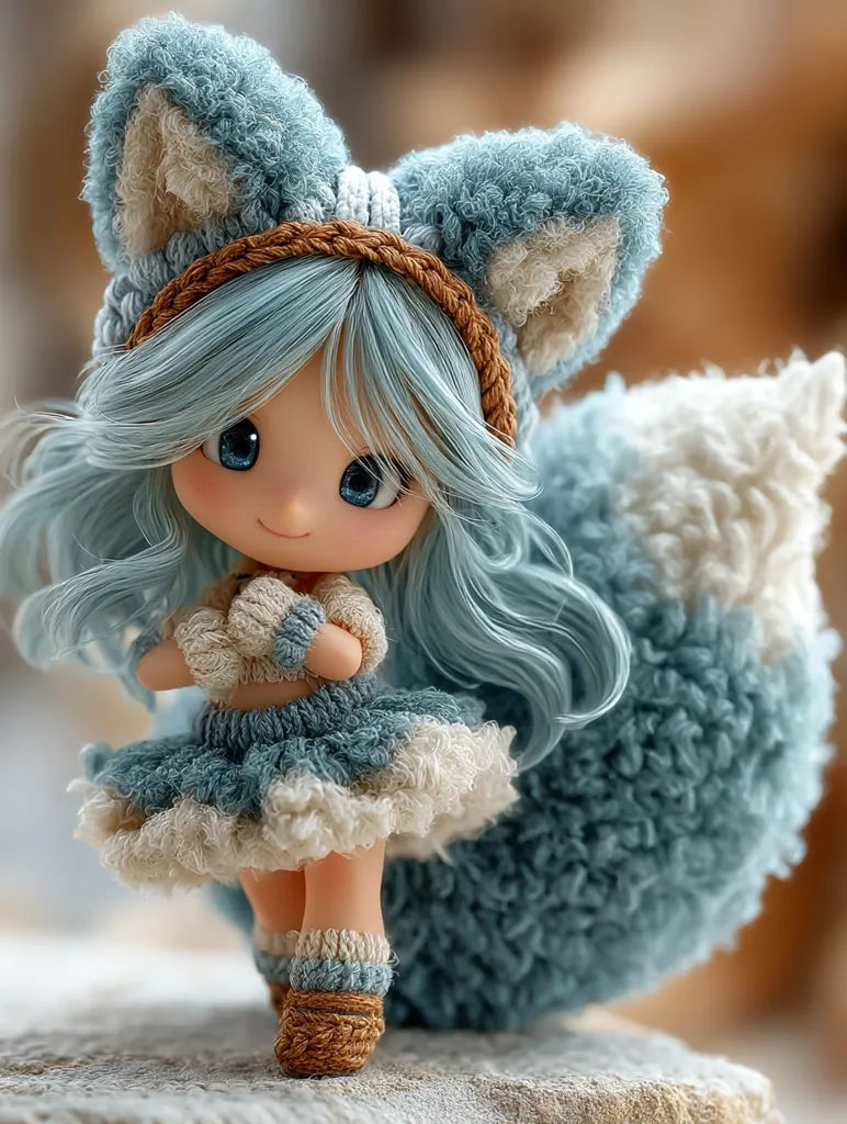 A charming handmade doll, adorned in a light blue crocheted outfit, captivates with its endearing features.  The doll sports a fluffy fox-like hood and tail, adding to its whimsical charm.  Its large, expressive eyes and sweet smile create a captivating image, showcasing the artistry and detail in its creation. The soft, pastel tones and textured clothing contribute to the overall delicate and adorable aesthetic.