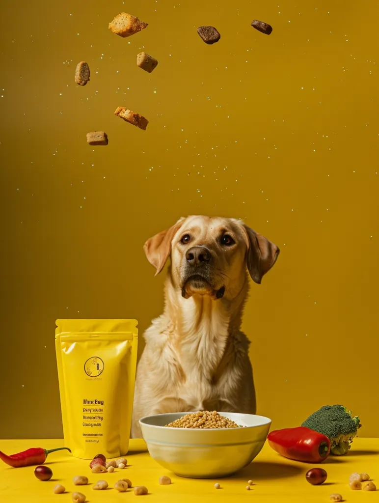 A yellow Labrador Retriever sits before a bowl of dog food, looking up at treats tossed in the air against a yellow background.  A bag of "Mmr Bog" brand dog treats is on the table, alongside vegetables and other ingredients.  The scene is bright and cheerful, highlighting the healthy and appetizing nature of the dog food.